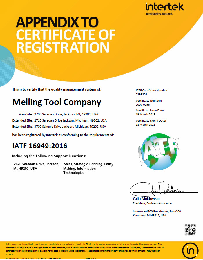 Melling Quality Certificate Appendix