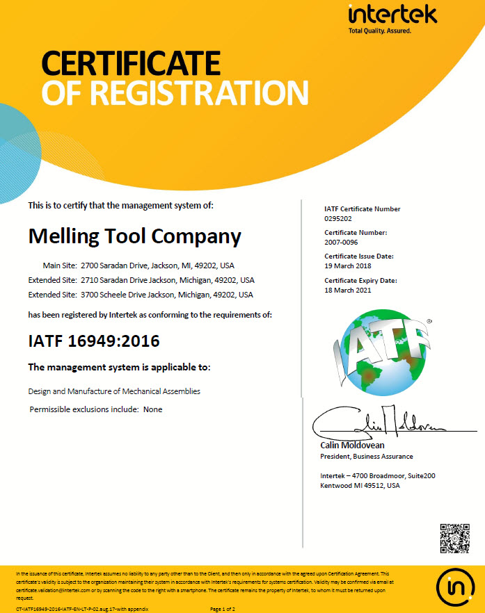 Melling Quality Certificate