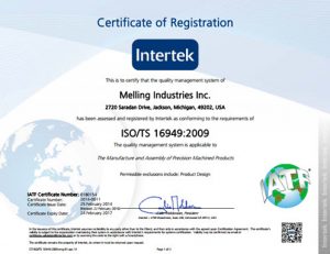 Melling Industries ISO TS 16949 Certificate